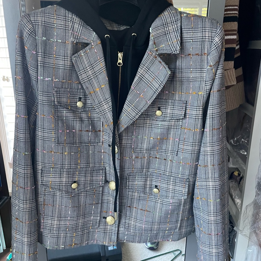 Anthropologie Gray Plaid Blazer with Removable Black Hoodie